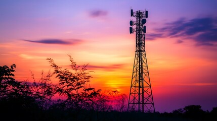 Naklejka premium Silhouette of a communications tower against a vibrant sunset sky. World Radio Day