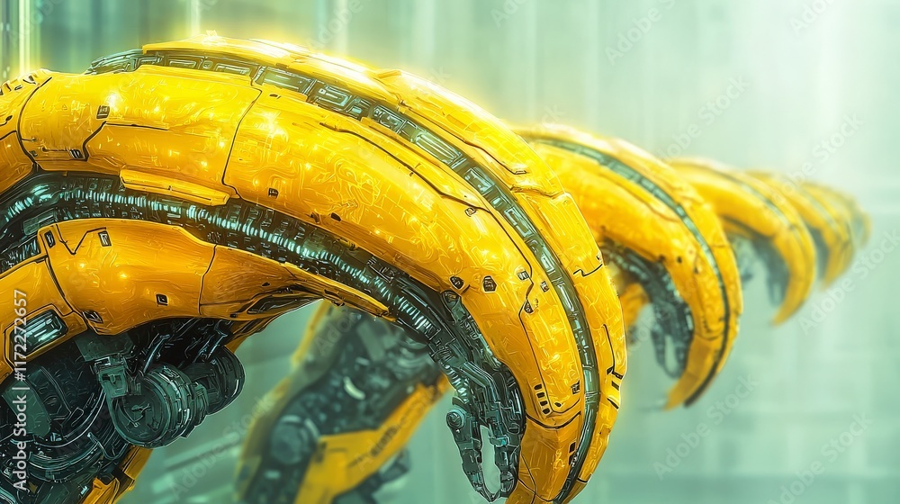 Poster futuristic yellow robotic arm technology with intricate mechanical design and background
