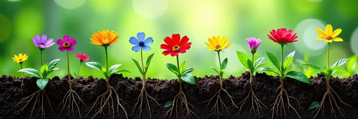 Colorful wildflowers growing through cassava roots, underground growth, greenery