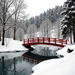 Black and white photograph of a frozen lake with a red wooden bridge across it, winter wonderland, icy water