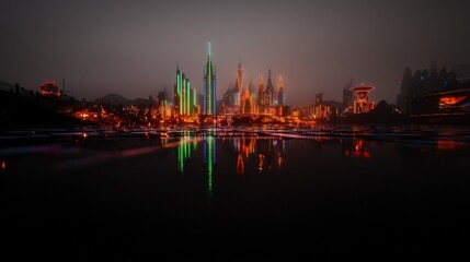 Fototapeta premium Night Cityscape Futuristic Skyline Reflected in Dark Water at Night