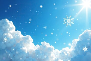 Delicate snowflakes against a bright blue sky, intricate, airy, clouds