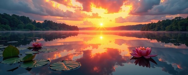 Waves on a calm lake at sunset, with silvery reflections and aquatic plants, lake scenery, sunset, water lilies