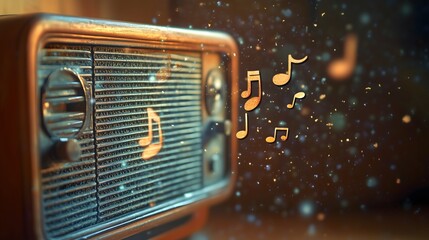 Vintage radio with floating musical notes and a warm and nostalgic atmosphere. World Radio Day