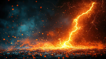 Lightning strike ignites fiery ground with dark, smoky background, ideal for dramatic scenes