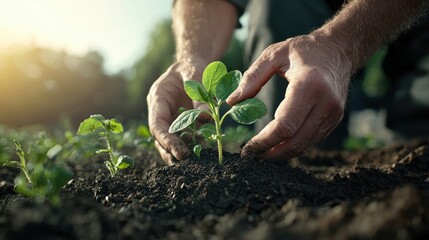 A person is gently planting a young seedling in rich soil, symbolizing growth and nurturing in a vibrant garden setting.