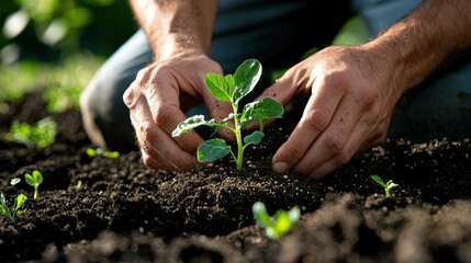 A person plants a young seedling in rich soil, showcasing the nurturing process of gardening and the growth of new life.