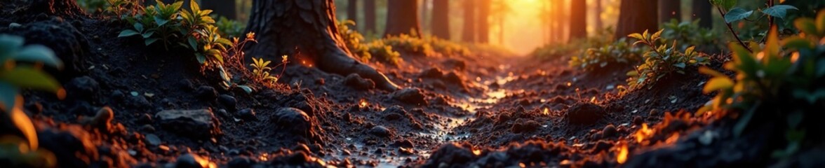 Forest floor scorched by intense heat and flames, blaze, summer