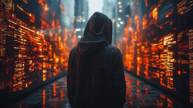 Into the Digital Labyrinth: A hooded figure walks into the glowing, digital abyss, engulfed by a futuristic cityscape of swirling code and neon lights.