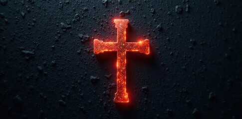 Glowing cross on black textured background with empty space, void, symbolism