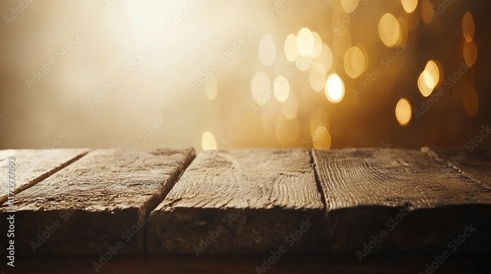 Poster rustic wooden surface with warm bokeh background in soft light