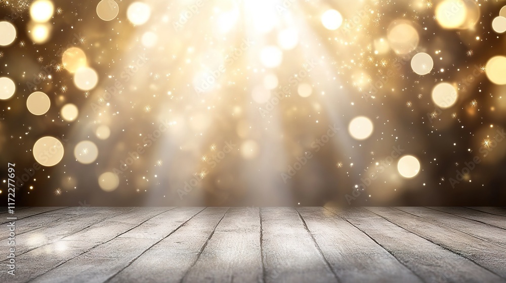 Poster bright abstract background with sparkling bokeh and wooden surface