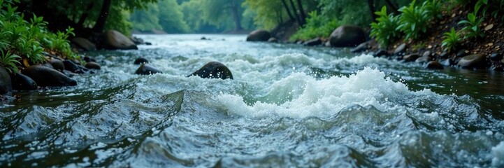 Fototapeta premium Heavy rainwater rushes through a flooded river, stormy, stream, river