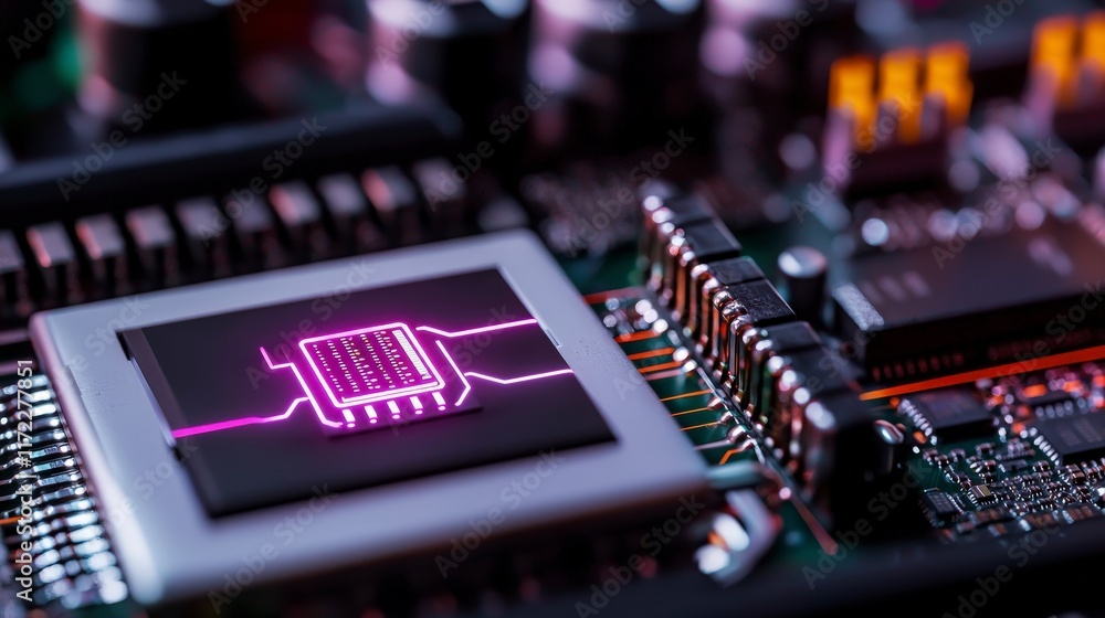 Poster high tech close up of a modern computer microprocessor chip on circuit board