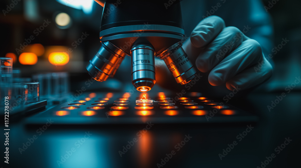Poster microscope research: close-up of a scientist's gloved hand adjusting a high-powered microscope focus