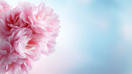 Fototapeta premium Beautiful pink peonies against soft blue background, creating serene atmosphere