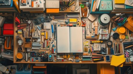Overhead view of a cluttered artist's workspace with an open sketchbook in the center.