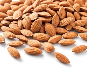 Obraz premium A pile of almonds scattered on a white background