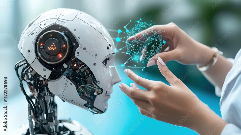 Poster exploring ai robotics human interaction with advanced technology modern lab environment close-up vie