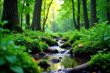 Fototapeta premium Forest floor with a slow-moving stream and lush greenery, greenery, forest floor