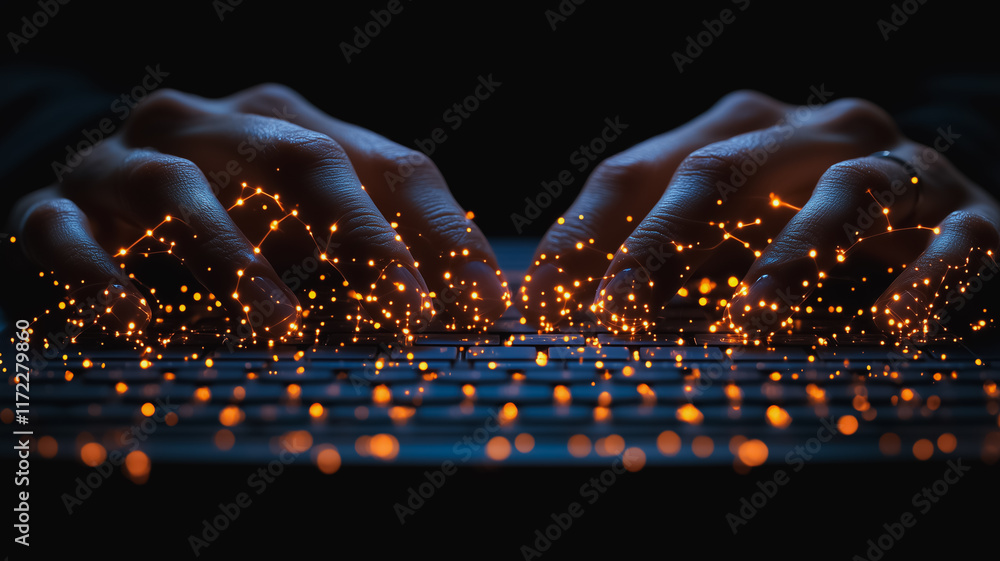 Poster digital stardust: hands typing on a keyboard, illuminated by sparkling golden light, creating a magi