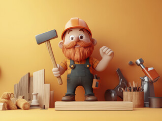 cheerful carpenter character with hammer stands proudly against orange background, surrounded by various woodworking tools and materials, showcasing craftsmanship and creativity