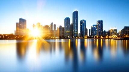 Obraz premium City skyline at sunrise with reflections on calm water surface