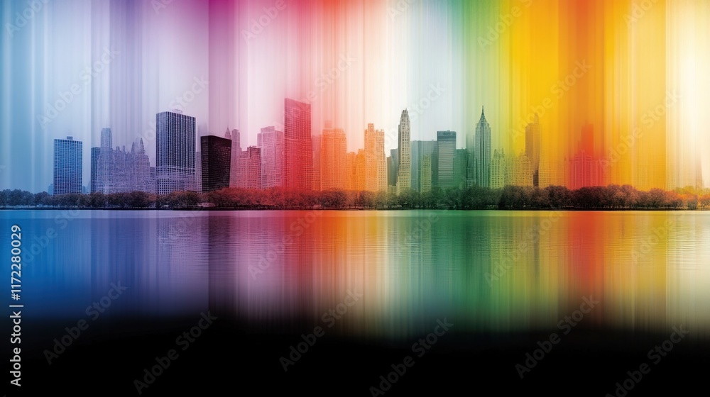 Poster vivid city skyline with colorful reflection and abstract pattern