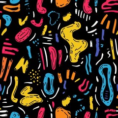 Colorful Wild Memphis Design Pattern Textile, Retro 90s 80s Abstract Black Background, Funky Fun Vintage Wallpaper, Squiggles Doodle Backdrop