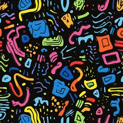 Colorful Wild Memphis Design Pattern Textile, Retro 90s 80s Abstract Black Background, Funky Fun Vintage Wallpaper, Squiggles Doodle Backdrop