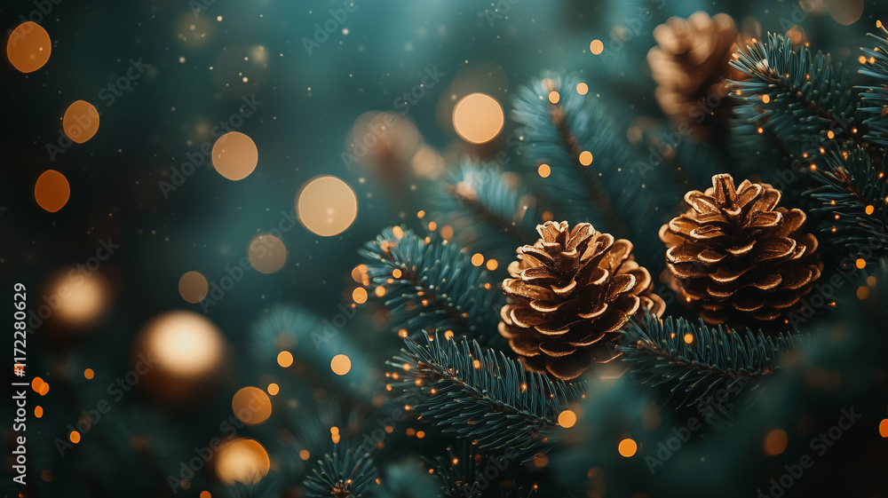 Aufkleber a touch of winter magic: a close-up of pine cones nestled in a fir branch, bathed in the soft glow o