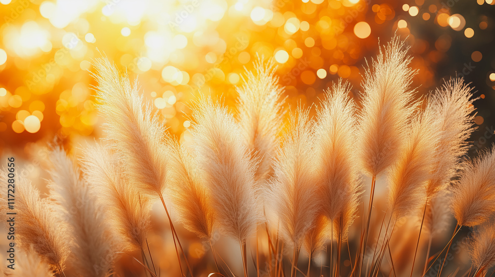 Poster golden hour grass: a mesmerizing close-up of feathery grass bathed in the warm glow of a setting sun