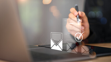 Businessman checking electronic mail,Email marketing and newsletter concept,Digital communication with email messages,..online marketing strategy,Receiving and sending online communication messages