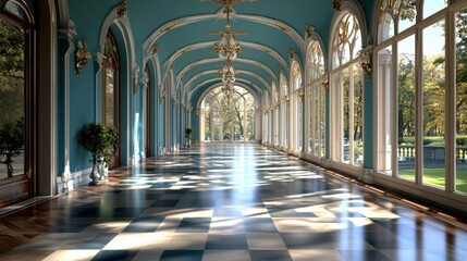 Obraz premium A beautifully lit corridor with large windows, featuring elegant chandeliers and a patterned floor, surrounded by greenery.