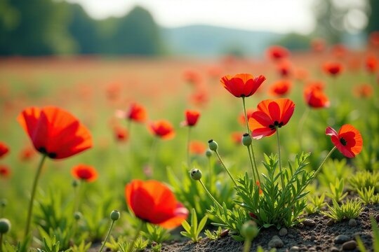 Bl?hende Kornblumen und Mohn auf einem sandigen Boden, nature, bloom, Mohn