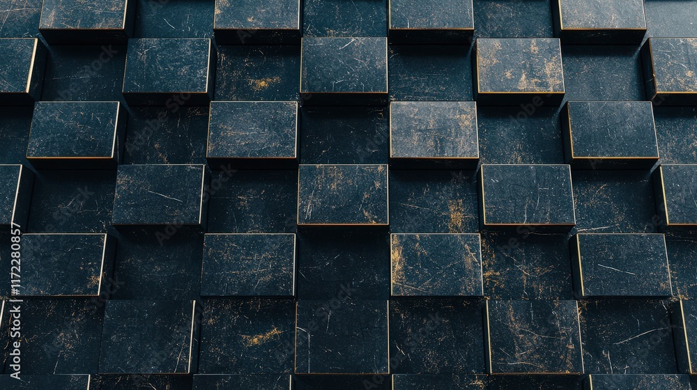 Poster abstract dark textured blocks background geometric pattern of distressed black cubes with gold