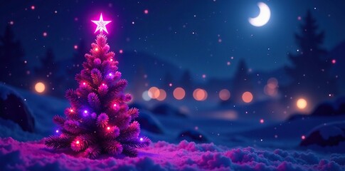 Purple Christmas tree topper shines brightly in the night, holiday, purple, lights