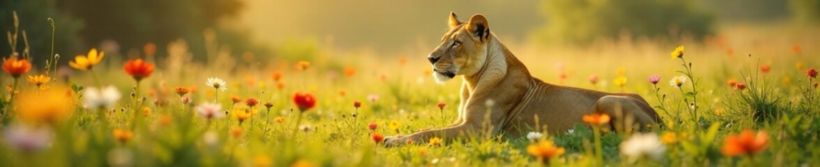 Obraz premium Lioness kneels in a lush meadow of colorful blooms with gentle elegance, savannah, flowers