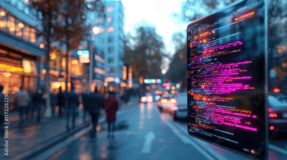 Poster live coding demonstration urban street digital art technology low angle programming concepts