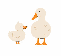 Mother duck and her baby. Flat vector illustration.
