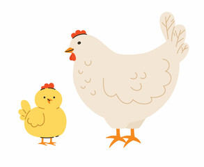 Mother chicken and child. Flat vector illustration.
