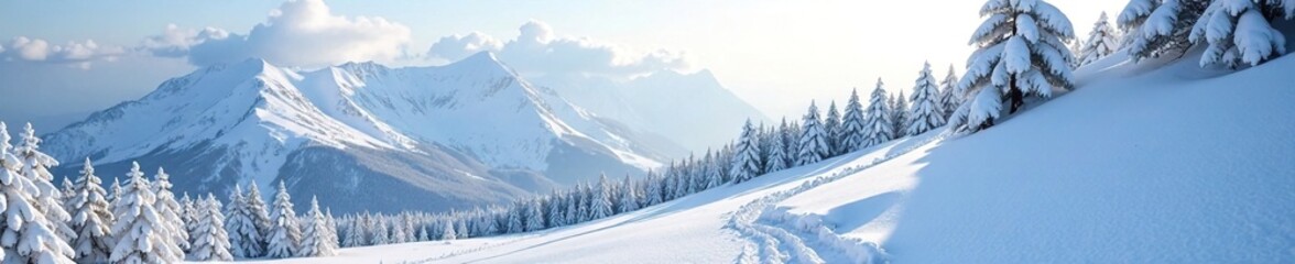 Fototapeta premium Mountain slope covered in fresh powder and trees, snow, peaceful
