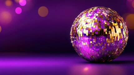 Shimmering Disco Ball on Purple Background with Soft Bokeh Lights