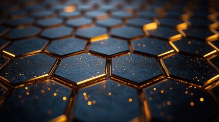 Fototapeta premium Black background with luxurious golden geometric hexagon pattern, perfect for elegant and modern wallpaper design.
