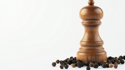 Wooden pepper mill with black peppercorns on a white background.