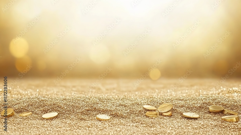 Poster golden coins on sparkling golden background with soft bokeh effect