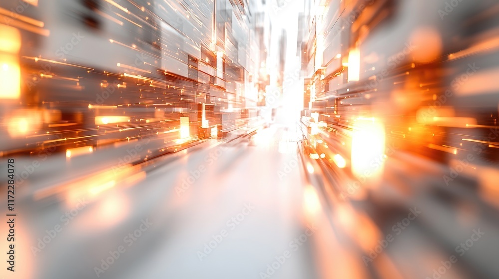 Aufkleber An abstract blurred background of a futuristic city with light rays and orange glowing elements, symbolizing data flow. The design uses a white and grey color theme with an orange glow, 3D rendering