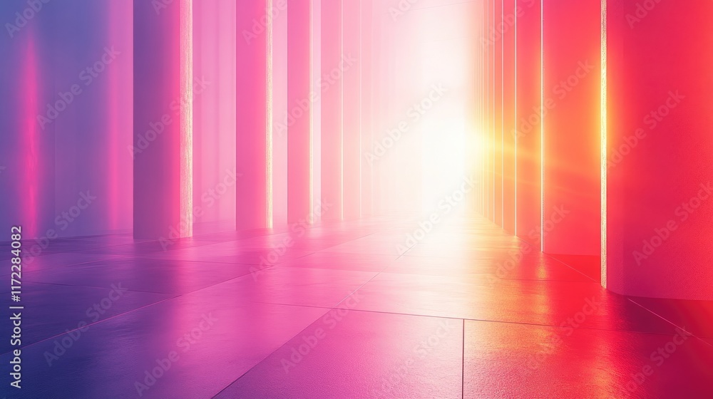 Aufkleber An abstract empty background with neon lights and columns in a wide-angle view, showcasing a modern, minimalistic room with a pink, purple, and red color gradient for a vibrant atmosphere
