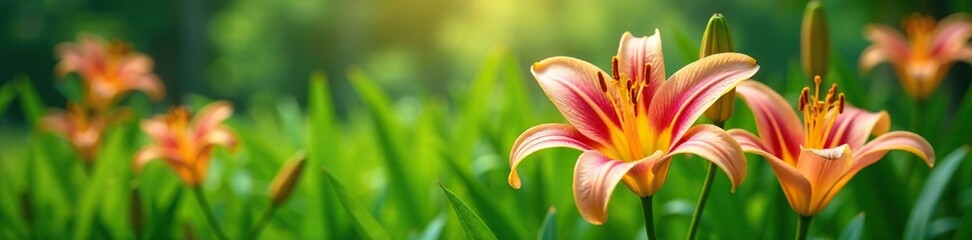 Fototapeta premium Exotic lilies bloom in shades of pink and yellow on a lush green grass, flower, nature