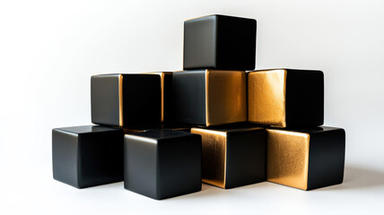 A high-contrast arrangement of glossy black and gold cubes stacked asymmetrically, creating a striking visual with an elegant interplay of light and shadow.